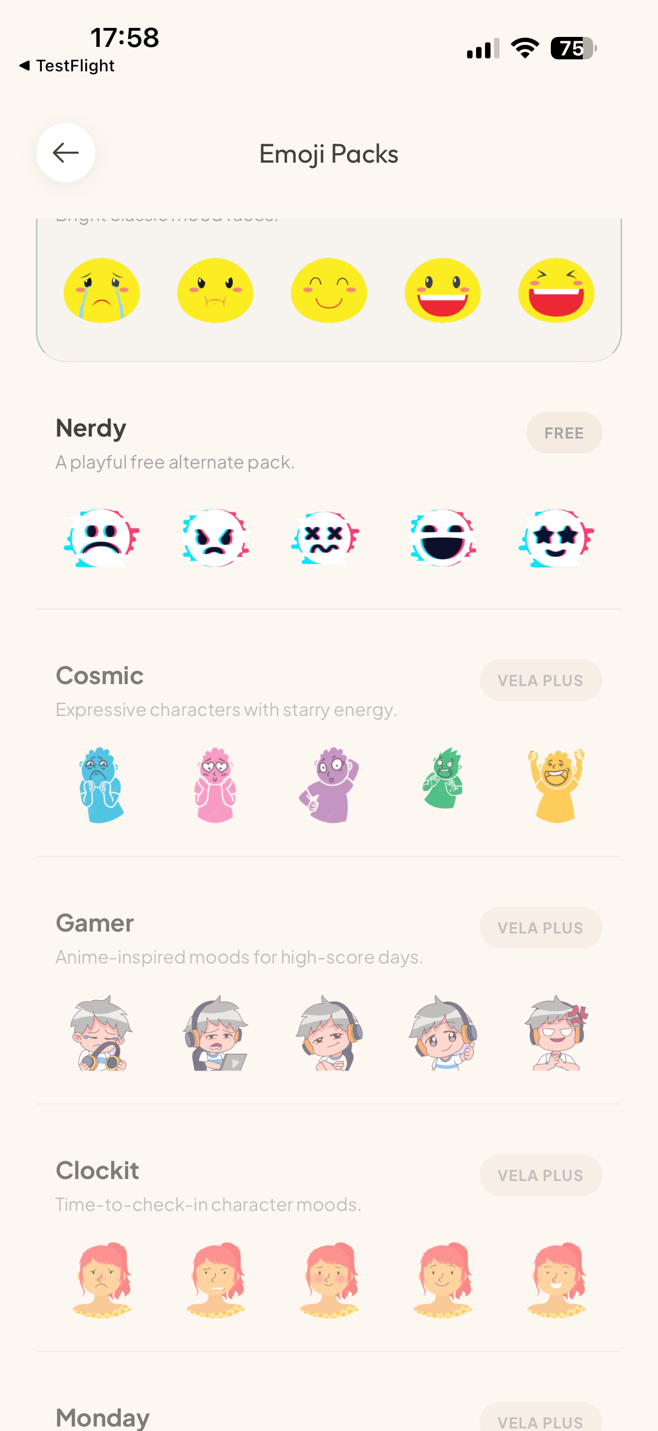 Vela emoji packs screen